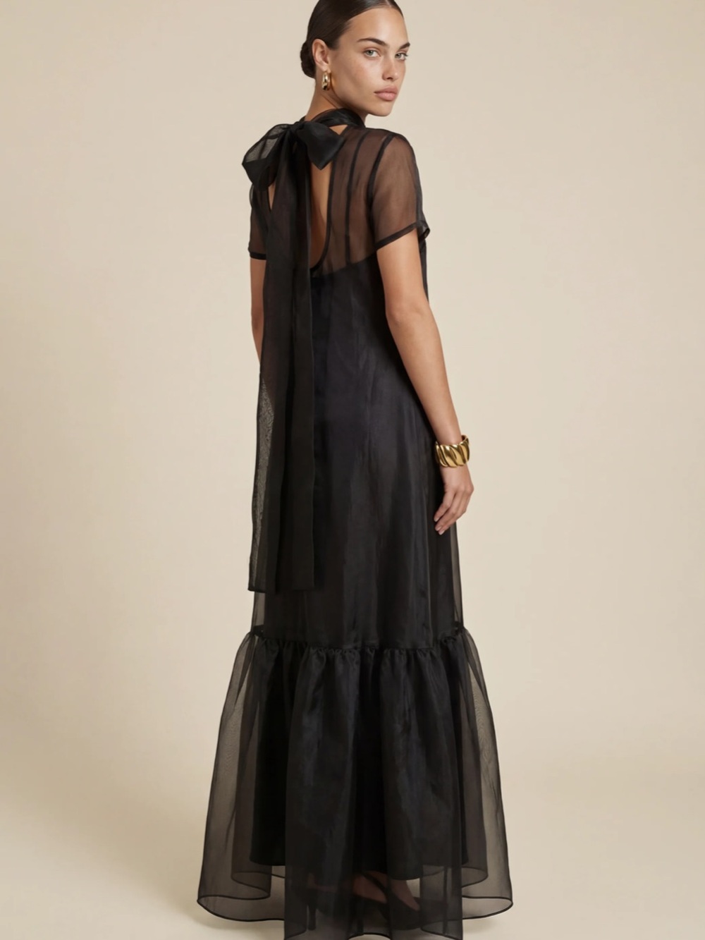 Caara Melody Sheer Organza Back Bow Maxi Dress in Black in Medium NEW Few Moda